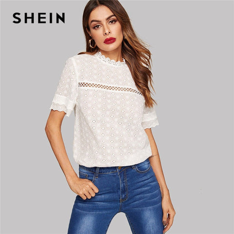 SHEIN Eyelet Embroidered Lace Insert Mock Neck White Blouse Summer Stand Collar Bohemian Cotton Women Tops And Blouses