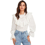 SHEIN Eyelet Embroidered Ruffle and Bell Cuff Blouse White Blouses 2017 Autumn Elegant Women's Long Sleeve Blouse