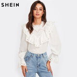 SHEIN Eyelet Embroidered Ruffle and Bell Cuff Blouse White Blouses 2017 Autumn Elegant Women's Long Sleeve Blouse