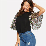 SHEIN Floral Embroidery Flutter Sleeve O Neck Women Tops And Blouses 2019 Summer Casual Keyhole Back Half Sleeve Ladies Tops