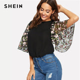 SHEIN Floral Embroidery Flutter Sleeve O Neck Women Tops And Blouses 2019 Summer Casual Keyhole Back Half Sleeve Ladies Tops