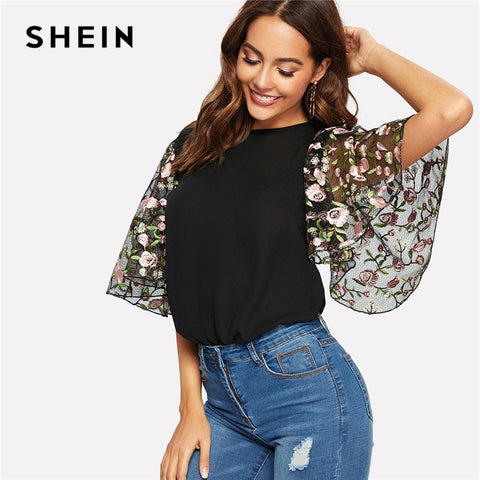 SHEIN Floral Embroidery Flutter Sleeve O Neck Women Tops And Blouses 2019 Summer Casual Keyhole Back Half Sleeve Ladies Tops