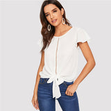SHEIN Flutter Sleeve Lace Insert Knot Front Women Tops And Blouses 2019 Summer Casual Solid Hollow Out Tops White Blouse