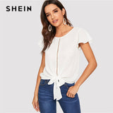 SHEIN Flutter Sleeve Lace Insert Knot Front Women Tops And Blouses 2019 Summer Casual Solid Hollow Out Tops White Blouse
