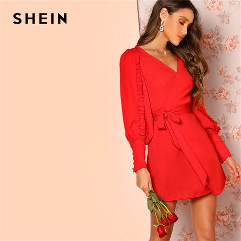 SHEIN Frilled Bishop Sleeve Belted Wrap Ruffle Dress Elegant Women 2019 Solid Spring Autumn V Neck Short A Line Dresses