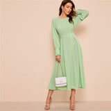 SHEIN Frilled Cuff Pleated Panel Fit And Flare Maxi Dress Women Spring Elegant Solid High Waist A Line Long Dress Party Dress