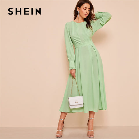 SHEIN Frilled Cuff Pleated Panel Fit And Flare Maxi Dress Women Spring Elegant Solid High Waist A Line Long Dress Party Dress
