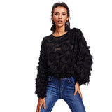 SHEIN Fringe Patch Mesh Top Sexy Autumn Womens Tops and Blouses Black Long Sleeve Round Neck Elegant Womens Tops