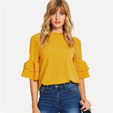 SHEIN Ginger Frill Neck Flounce Sleeve Keyhole Back Top Elegant Stand Collar Workwear Solid Blouse Women Summer Blouses