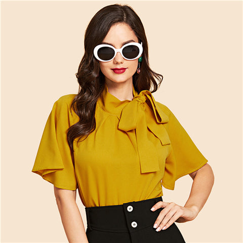SHEIN Ginger Vintage Elegant Office Lady Flutter Sleeve Tie Neck Half Sleeve Blouse 2018 Autumn Casual Women Tops And Blouses