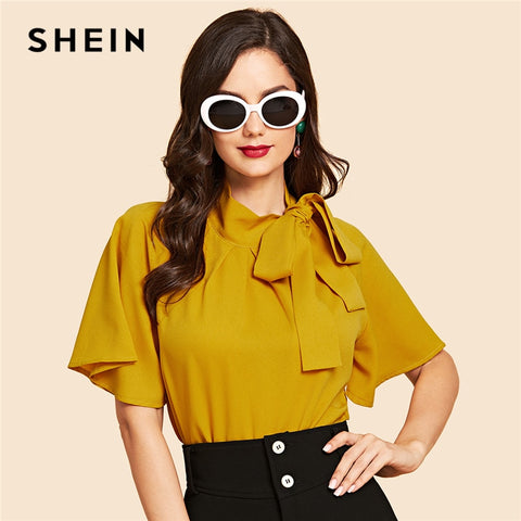 SHEIN Ginger Vintage Elegant Office Lady Flutter Sleeve Tie Neck Half Sleeve Blouse 2018 Autumn Casual Women Tops And Blouses
