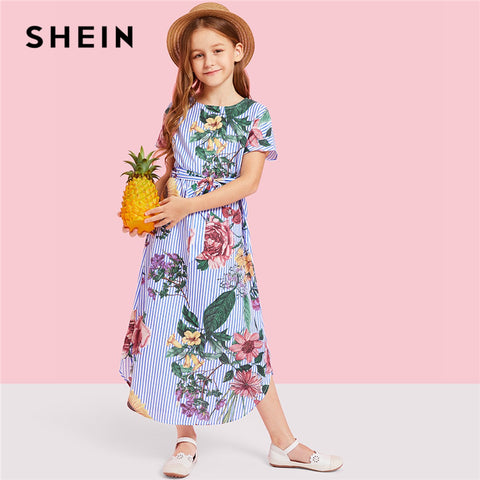 SHEIN Girls Flower Print Striped Long Casual Dress Girls Clothes 2019 Spring Korean Fashion Short Sleeve Belted Kids Dresses