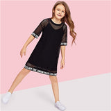 SHEIN Girls Letter Hem Mesh Sheer Casual Dress Girls Clothing 2019 Spring Korean Half Sleeve Straight Kids Dresses For Girls