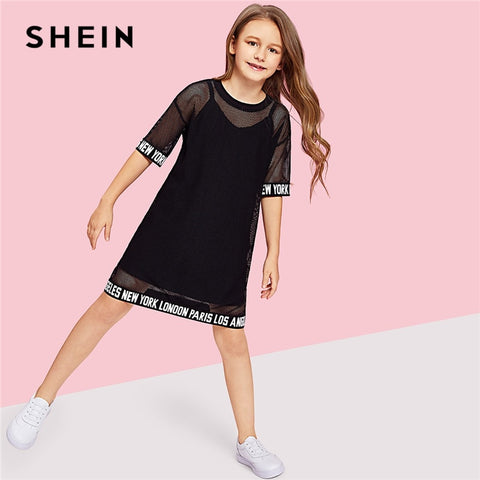SHEIN Girls Letter Hem Mesh Sheer Casual Dress Girls Clothing 2019 Spring Korean Half Sleeve Straight Kids Dresses For Girls