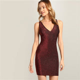 SHEIN Glamorous Sexy Burgundy V Neck Criss Cross Back Glitter Bodycon Short Slim Plain Dress 2019 Summer Sleeveless Dresses
