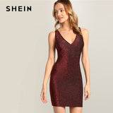SHEIN Glamorous Sexy Burgundy V Neck Criss Cross Back Glitter Bodycon Short Slim Plain Dress 2019 Summer Sleeveless Dresses