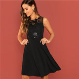 SHEIN Going Out Black Modern Lady Contrast Mesh Contrast Shell Round Neck Sleeveless Dress Women Autumn Plain Party Dress