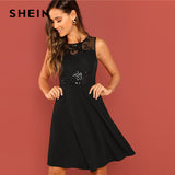 SHEIN Going Out Black Modern Lady Contrast Mesh Contrast Shell Round Neck Sleeveless Dress Women Autumn Plain Party Dress