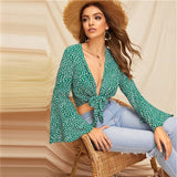 SHEIN Green Bell Sleeve Dot Print Knot Front Crop Top Blouse Weekend Casual Deep V Neck Raglan Sleeve Sexy Ladies Tops