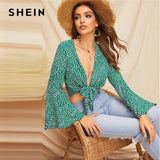 SHEIN Green Bell Sleeve Dot Print Knot Front Crop Top Blouse Weekend Casual Deep V Neck Raglan Sleeve Sexy Ladies Tops