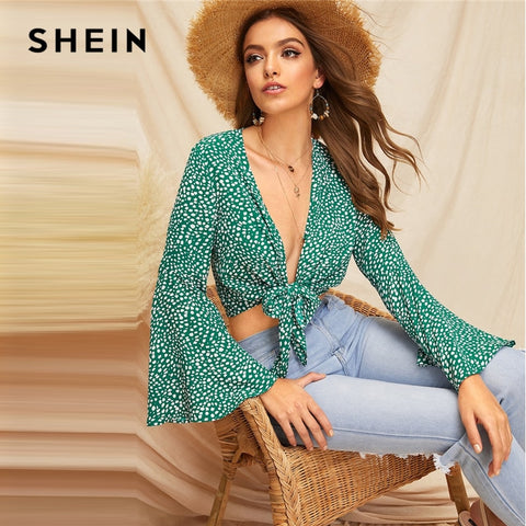 SHEIN Green Bell Sleeve Dot Print Knot Front Crop Top Blouse Weekend Casual Deep V Neck Raglan Sleeve Sexy Ladies Tops
