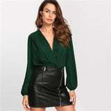SHEIN Green Bishop Sleeve Deep V Neck Surplice Neck Two-tone Bodysuit Long Sleeve Women 2019 Spring Mid Waist Bodysuits