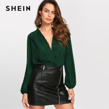SHEIN Green Bishop Sleeve Deep V Neck Surplice Neck Two-tone Bodysuit Long Sleeve Women 2019 Spring Mid Waist Bodysuits