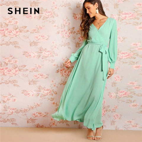 SHEIN Green Bishop Sleeve Surplice Wrap Belted Women Maxi Dress Fit And Flare Solid Long Sleeve 2019 Spring Party Dresses