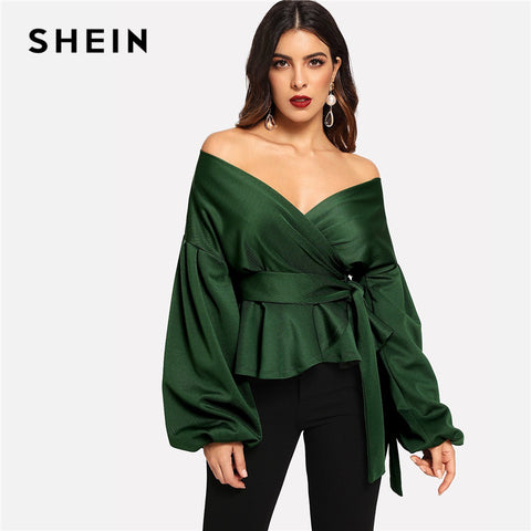 SHEIN Green Elegant Office Lady Solid Off Shoulder Lantern Sleeve Surplice Peplum Blouse Autumn Workwear Women Tops And Blouses