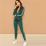 SHEIN Green Highstreet Raglan Sleeve Striped Side Zip Front Mid Waist Long Sleeve Jumpsuit Autumn Fashion Party Women Jumpsuits