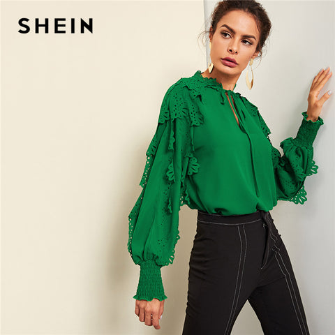 SHEIN Green Minimalist Highstreet Office Lady Tie Neck Shirred Panel Laser Cut Streetwear Blouse Autumn Women Workwear Shirt Top