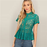 SHEIN Green Mock Neck Stand Collar Sheer Floral Lace Peplum Top Blouse Women Summer Casual Streetwear Short Sleeve Blouses