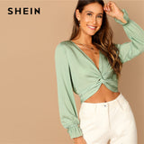 SHEIN Green Plunging Deep V Neck Twist Ruffle Long Sleeve Crop Blouse Women 2019 Spring Plain Casual Vacation Tops and Blouses