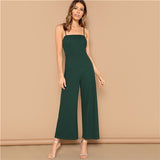 SHEIN Green Solid Wide Leg Cami Jumpsuit Women Mid Waist Full Length Spaghetti Strap Skinny Summer High Street Sexy Jumpsuits