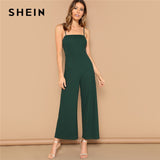 SHEIN Green Solid Wide Leg Cami Jumpsuit Women Mid Waist Full Length Spaghetti Strap Skinny Summer High Street Sexy Jumpsuits