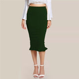 SHEIN Green Split Ruffle Hem Solid Slim Long Pencil Skirt Women Spring Elegant Office Lady Workwear Bodycon Midi Skirts
