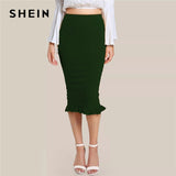 SHEIN Green Split Ruffle Hem Solid Slim Long Pencil Skirt Women Spring Elegant Office Lady Workwear Bodycon Midi Skirts