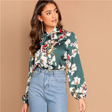SHEIN Green Tie Neck Floral Stand Collar Long Sleeve Blouse Modern Lady 2019 Spring Women Streetwear Autumn Minimalist Blouse