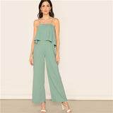 SHEIN Green Zip Back Overlap Wide Leg Spaghetti Strap Jumpsuit Women Summer Office Lady Mid Waist Elegant Glamorous Jumpsuits