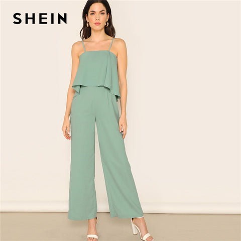 SHEIN Green Zip Back Overlap Wide Leg Spaghetti Strap Jumpsuit Women Summer Office Lady Mid Waist Elegant Glamorous Jumpsuits