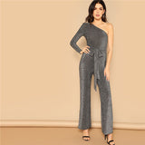 SHEIN Grey Elegant Belted Glitter Off Shoulder Workwear Long Sleeve Straight Leg Jumpsuit Autumn Fashion Women Jumpsuit