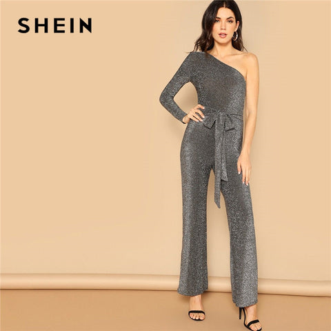 SHEIN Grey Elegant Belted Glitter Off Shoulder Workwear Long Sleeve Straight Leg Jumpsuit Autumn Fashion Women Jumpsuit