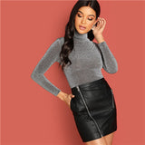 SHEIN Grey Highstreet Stand Collar Glitter Tee Modern Lady Long Sleeve Slim Fit T Shirt Autumn Casual Workwear Women Tshirts Top