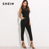 SHEIN Guipure Lace Yoke Solid Jumpsuit 2018 Plain Black Round Neck Sleeveless Button Pocket Clothing Women Elegant Work Jumpsuit