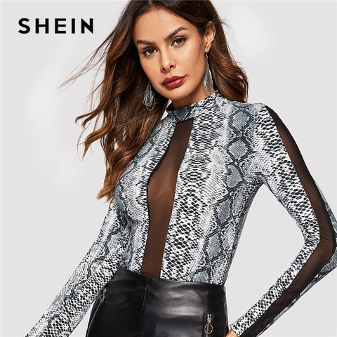 SHEIN Highstreet Grey Contrast Mesh Snake Pattern Stand Collar Long Sleeve Tee 2018 Autumn Casual Women Modern Lady Tshirt Top