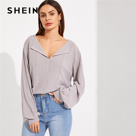 SHEIN Highstreet Grey V Neck Drop Shoulder Solid Ribbed Plain Long Sleeve Tee 2018 Autumn Casual Women Modern Lady Tshirt Top