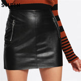 SHEIN Highstreet Women Sexy Short Skirt Fashion Women's Clothing 2018 Black High Waist O-Ring Zip Detail Faux Leather Skirt