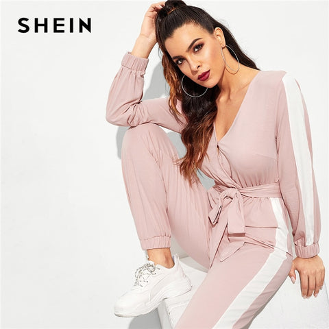 SHEIN Hot Pink Contrast Side Seam Wrap Striped Mid Waist Jumpsuit With Belt Women Maxi Deep V Neck Long Sleeve Jumpsuit