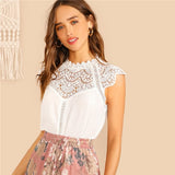 SHEIN Keyhole Back Guipure Lace Mock-Neck Women White Blouse Ladies Tops Summer Casual Sleeveless Stand Collar Solid Blouse