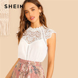 SHEIN Keyhole Back Guipure Lace Mock-Neck Women White Blouse Ladies Tops Summer Casual Sleeveless Stand Collar Solid Blouse